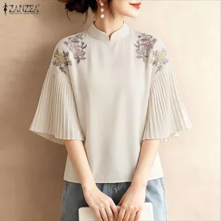 ZANZEA ซานเซีย ผู้หญิงวินเทจแฟชั่นหรูหราใหม่สไตล์จีนยืนปกแขนสั้นดอกไม้จีบเสื้อหลวม