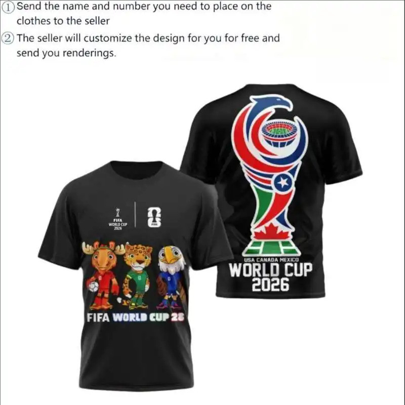 2026 Canada-Mexico-USA World Cup "Three Nations Mascots" 3D พิมพ์เสื้อกีฬาแห้งเร็วสําหรับแฟนฟุตบอล L