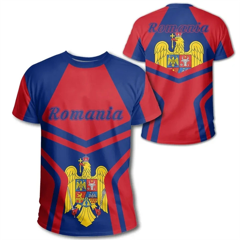 3D พิมพ์ Romanian National Flag TShirt สําหรับชายฤดูร้อน O-คอสั้นแขนสั้น Tee Tops Streetwear Mens ขน