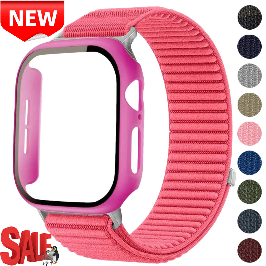 Velcro ไนลอนสายกีฬา + กระจกนิรภัยสําหรับ Apple Watch S11 46 มม.S10 42 มม.SE3 44/40 มม.45 มม.41 มม.IWatch Series 11 10 9 8 7 6 SE 5 4