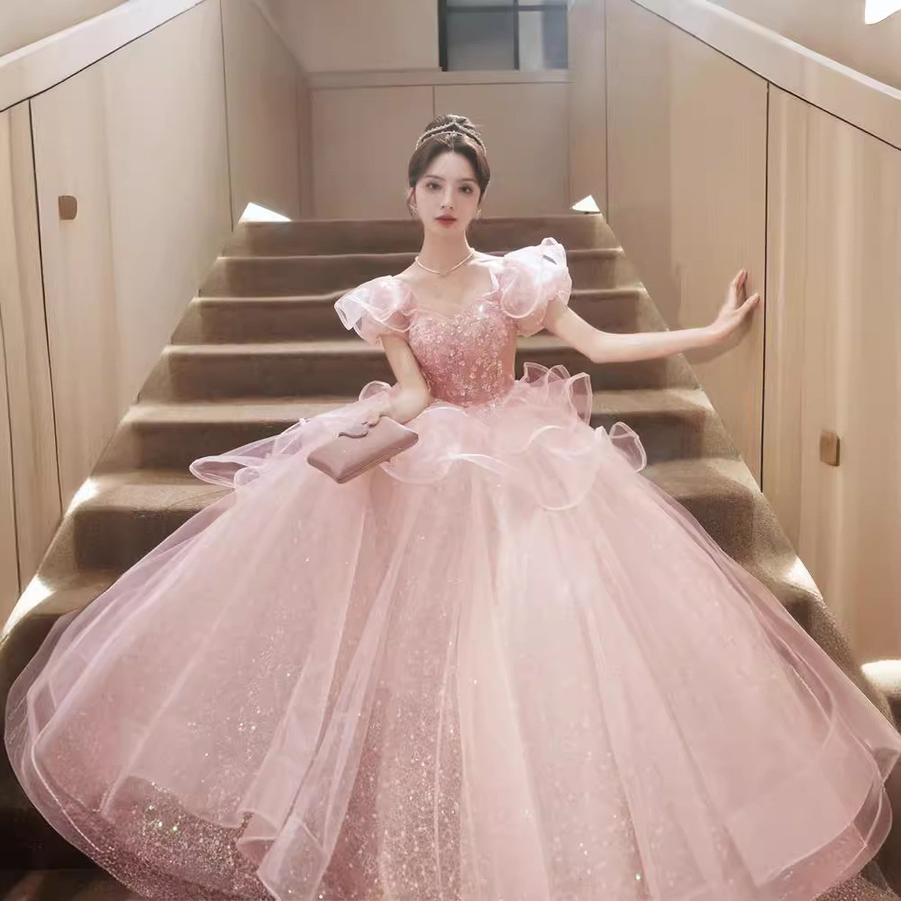 Pink full-skirted evening gown, elegant banquet hostess dress, bridesmaid tulle gown