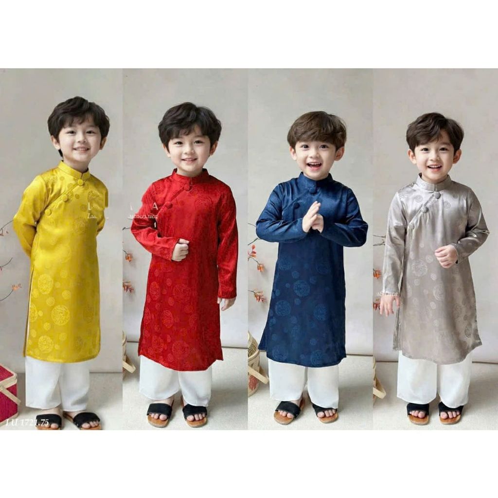 คุณภาพสูง 4 สีผ้าไหมโบรเคดเด็กผู้ชาย Tet ao dai 10-30 กก. สําหรับวันหยุด เหตุการณ์ และภาพถ่ายที่สวยงามมาก