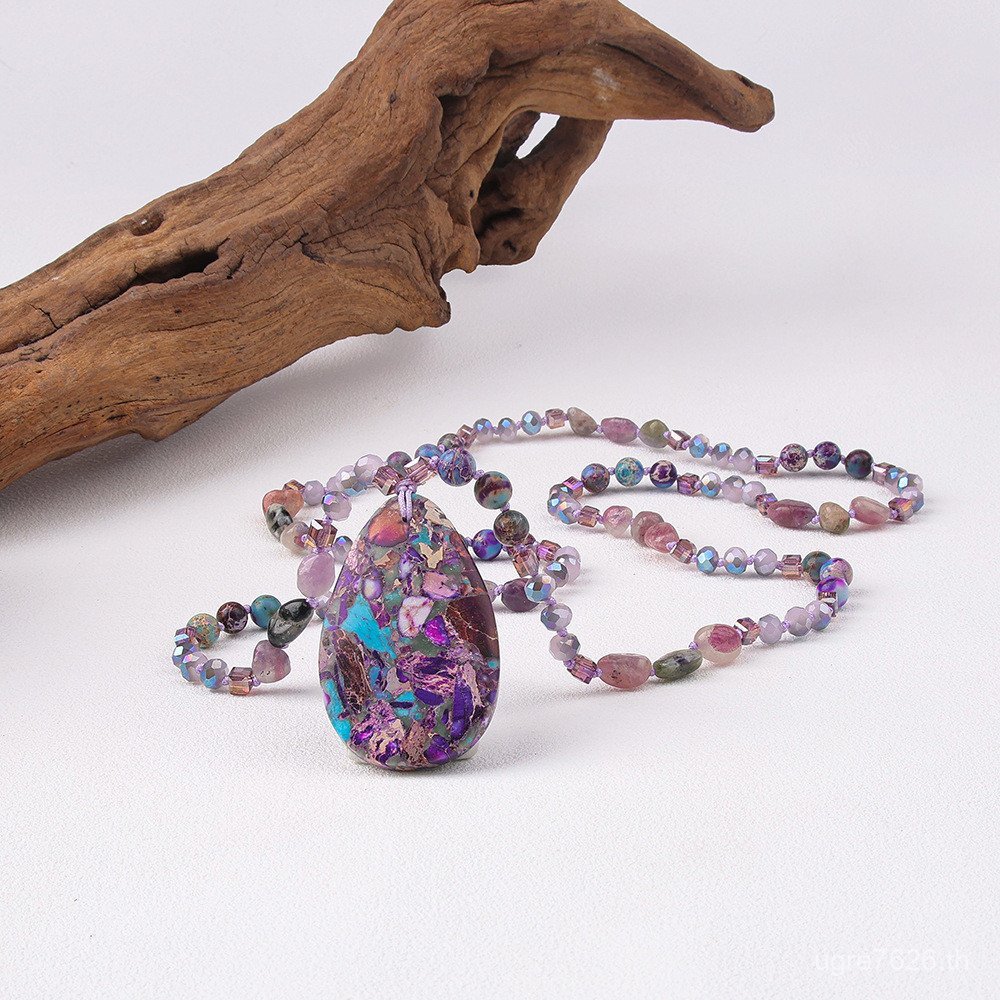 สร้อยคอมุกทัวร์มาลีน สไตล์ใหม่ มีการผูกปมและลูกปัดสีม่วง หินธรรมชาติ TLR0