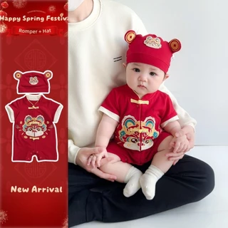 เสื้อผ้าเด็กสไตล์จีนชุดบอดี้สูทแขนสั้นพร้อมหมวกเทศกาลฤดูใบไม้ผลิ0-24เดือนชายหญิงที่สวยหรูสีแดงปักมังกร ชุดรอมเปอร์