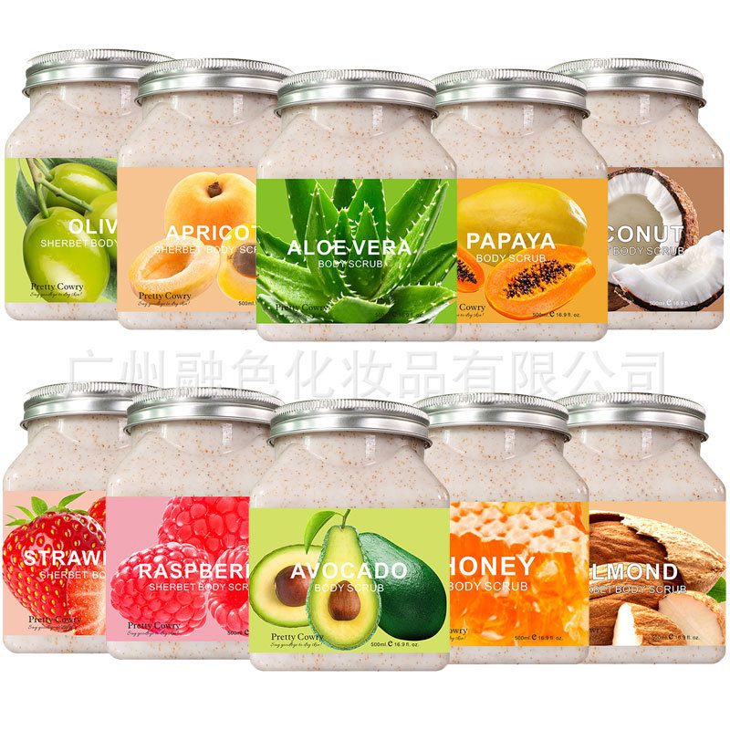 ขายร้อน#Pretty Cowry Strawberry Papaya Peach Aloe Vera Facial Scrub Exfoliating Facial Body Scrub วั