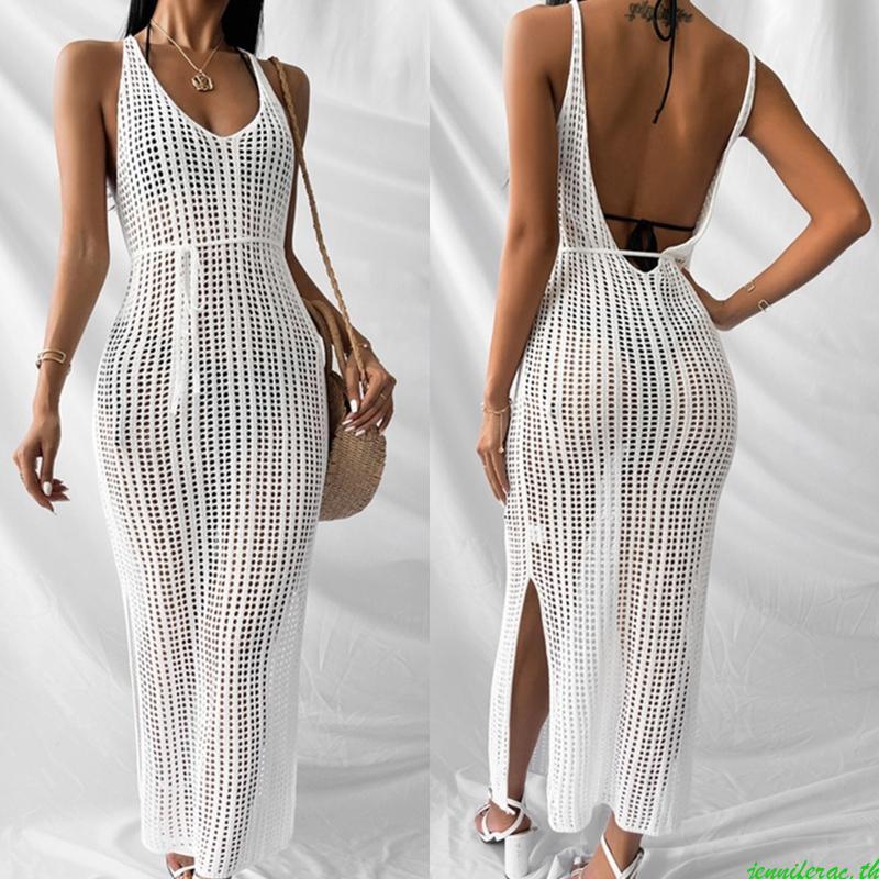 Jenniferac ชุดว่ายน้ําครีมกันแดด Cover Ups V คอแขนกุด Beachwear Tunic Dress Hollow Out