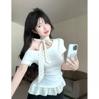 ส่งไวจากไทย S-XXXL เสื้อยืดผู้หญิง เสื้อเบี่ยงไหล่ดีไซน์ผ้าพันคอ ลุคหวานเซ็กซี่ 2สี YOUMI