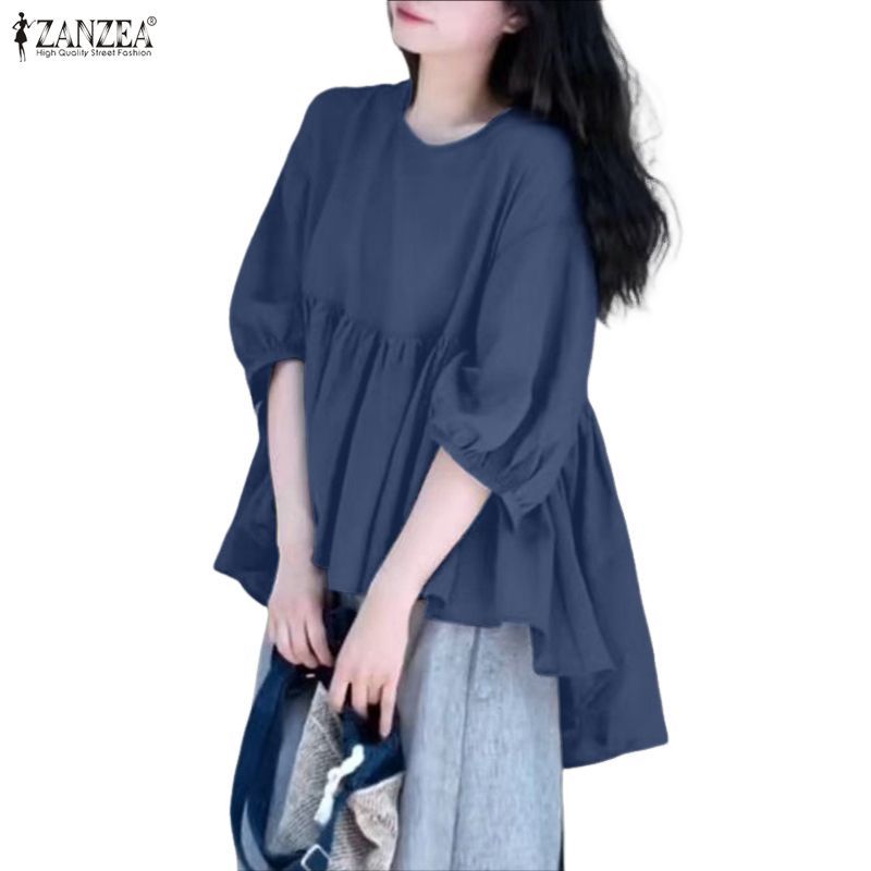 ZANZEA ผู้หญิงสไตล์เกาหลี หวานแหววน่ารัก แขนระบาย 3/4 กระดุมรอบคอ แขนสั้นด้านหน้าและแขนยาวด้านหลัง