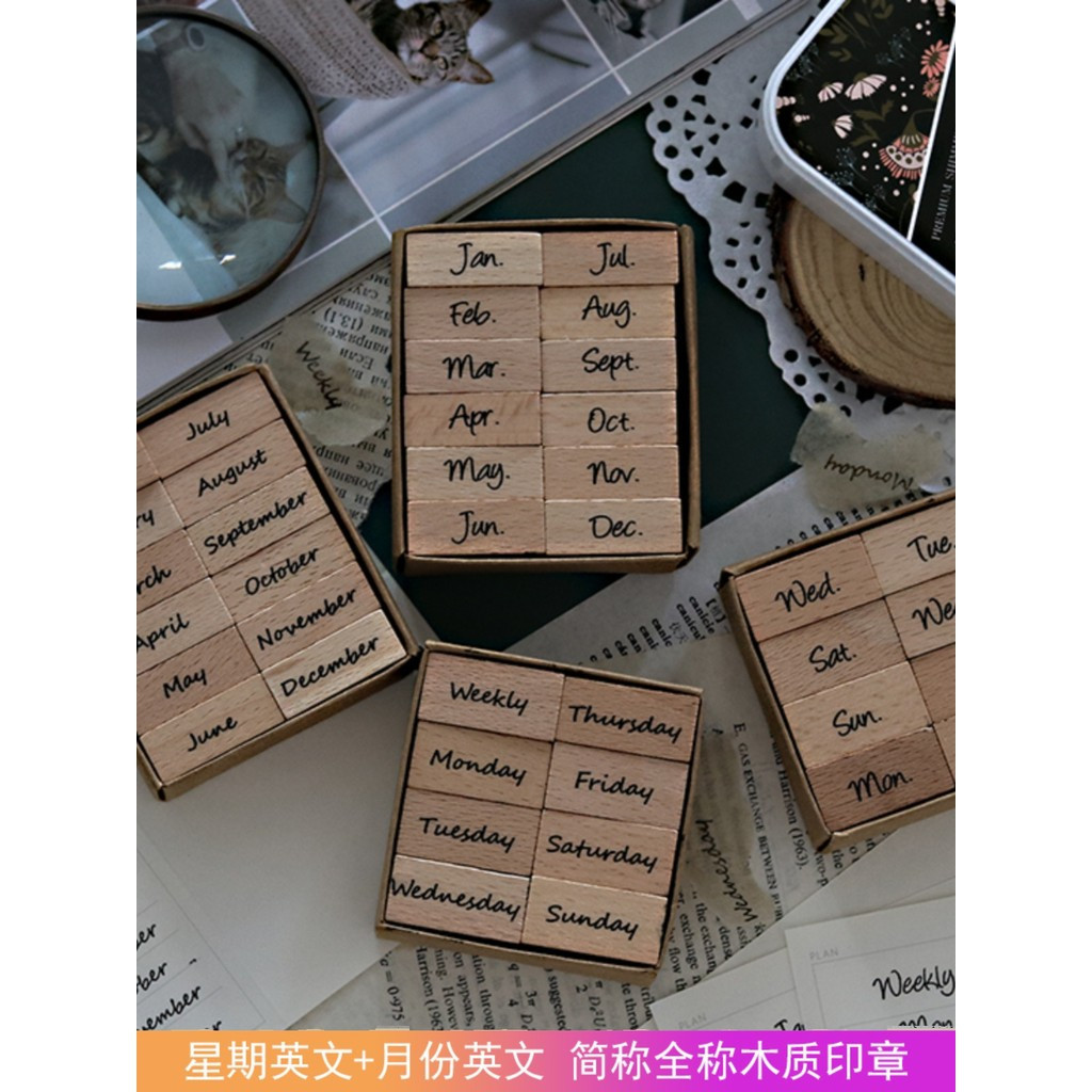 Wooden English Month and Week Stamp Numbers and Letters Journal Diary Tool Material Retro Basic Stud