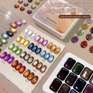 XEIJAYI - Caramel and blue shimmering cat-eye gel nail polish, long-lasting and glossy, 12-color set.