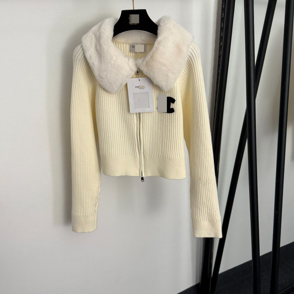 UP3J CHA# Elegant Slim Fit Dopamine Warm Fur Collar Long Sleeve Knitted Cardigan Jacket