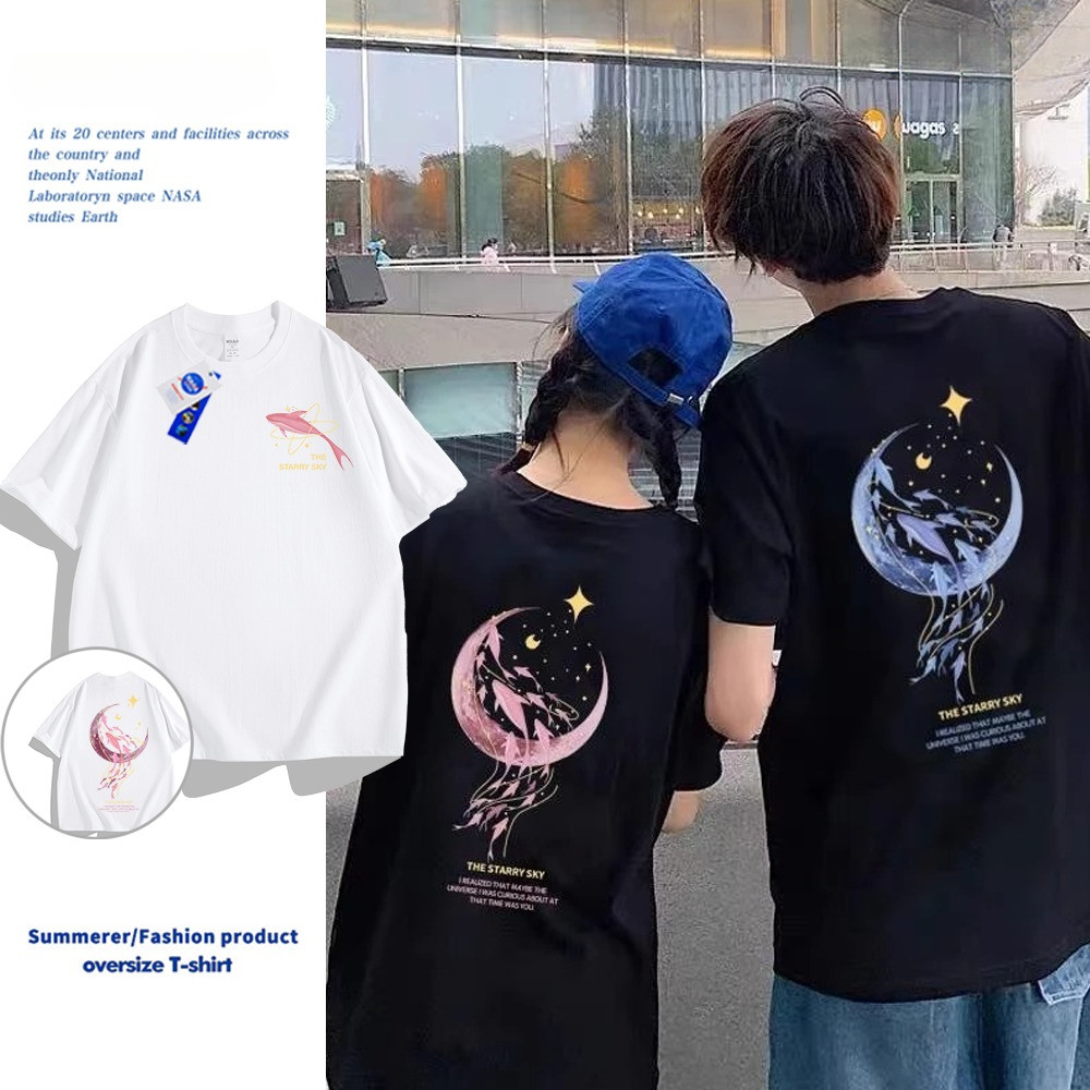 เสื้อยืดหญิงชาย เสื้อ ลายสองด้านพิมพ์ลาย เสื้อวาฬ คอกลม แนวโน้ม ผ้าฝ้ายแท้ ทรงหลวม ระบายอากาศ เสื้อยืดผู้หญิง 12.25