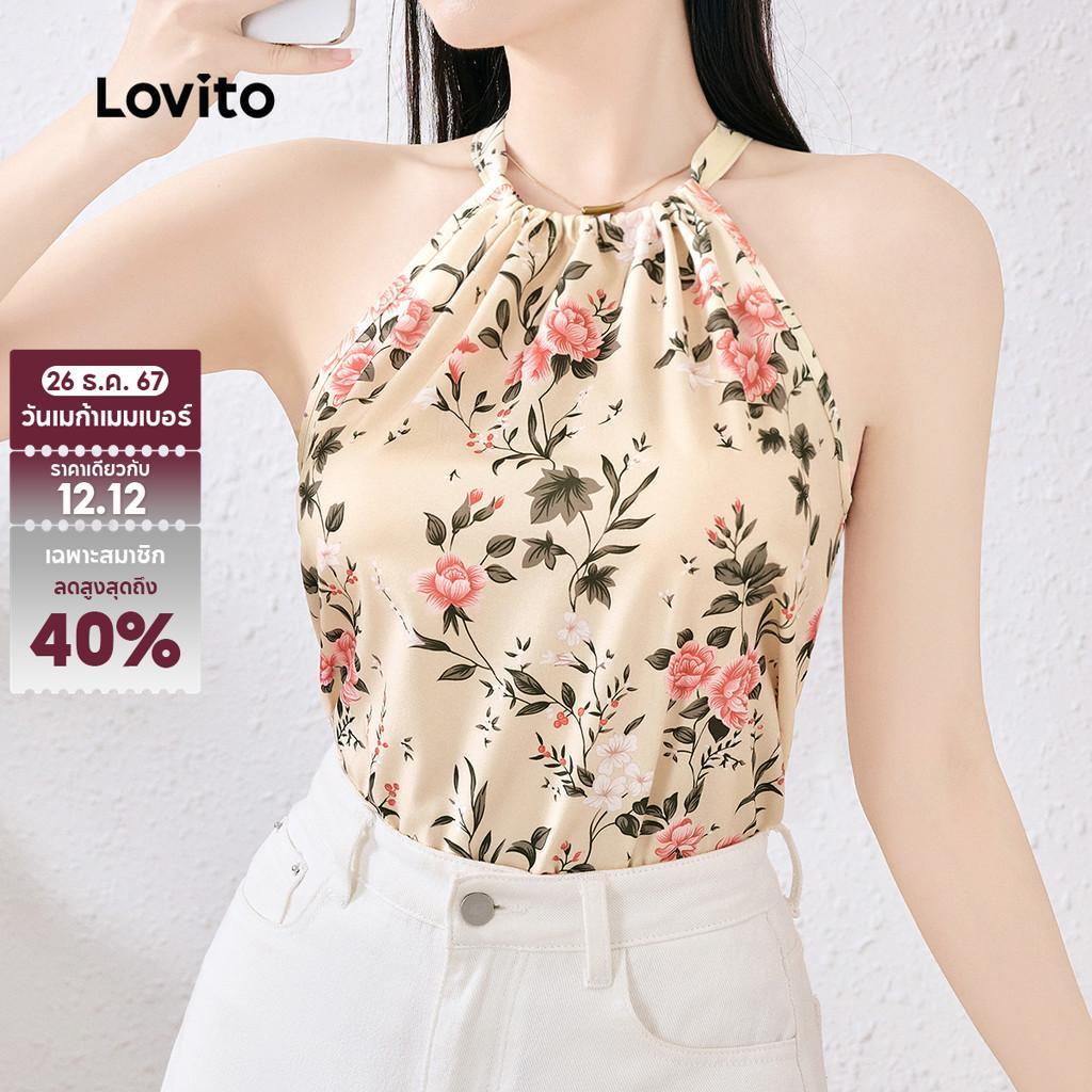 Lovito เสื้อสไตล์รีสอร์ทฤดูใบไม้ผลิ/ฤดูร้อนสำหรับผู้หญิงที่มีเชือกผูกด้านหลังแบบโบโฮ L137ED657