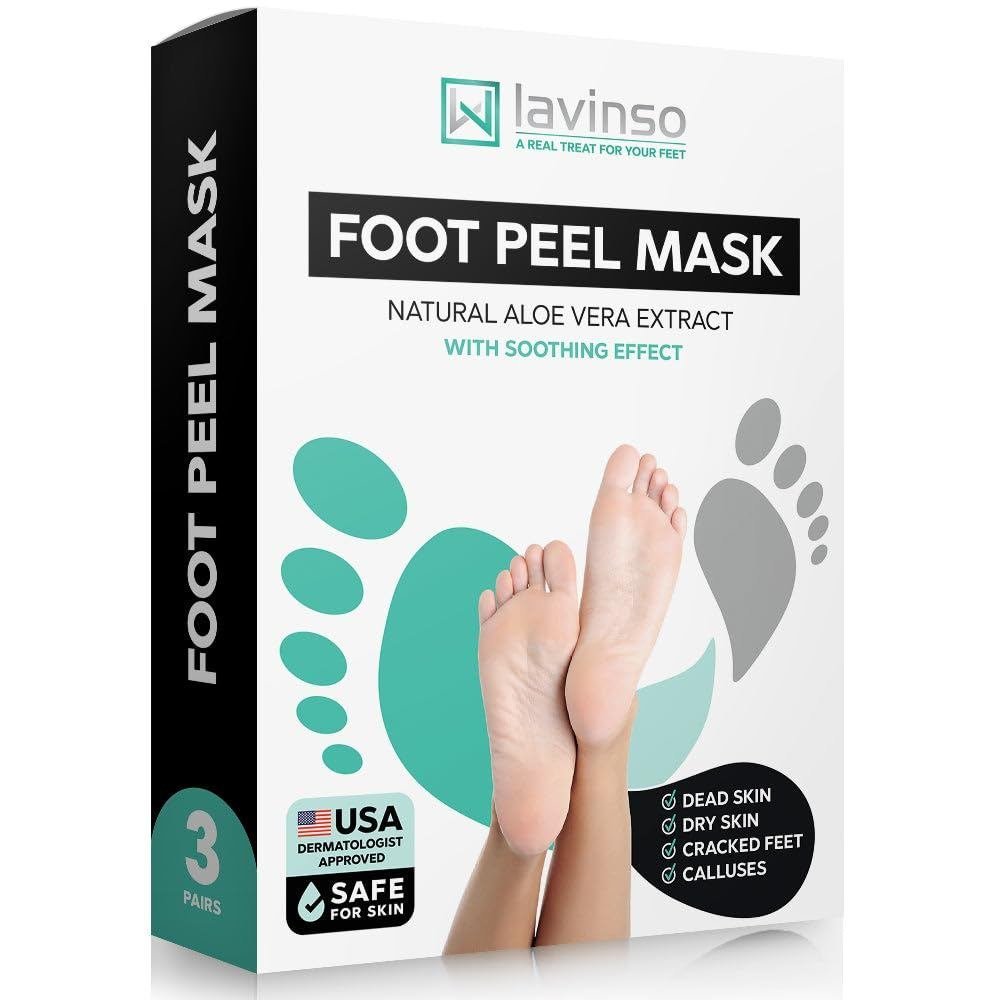 Lavinso Foot Peel Mask for Dry Cracked Feet – 3 Pack Peeling Mask Removes Dead Skin and Calluses - E