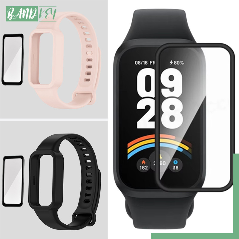 เคสพีซีพร้อมสายซิลิโคนแบ for Xiaomi Mi Band 8 Active สายอุปกรณ์ยางปรับได้และฟิล์มป้องกันแก้ว for Redmi Band 2