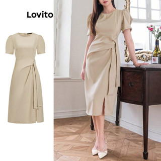 Lovito ชุดเดรสผู้หญิง แต่งจีบ สีพื้น สไตล์หรูหรา L104ED867