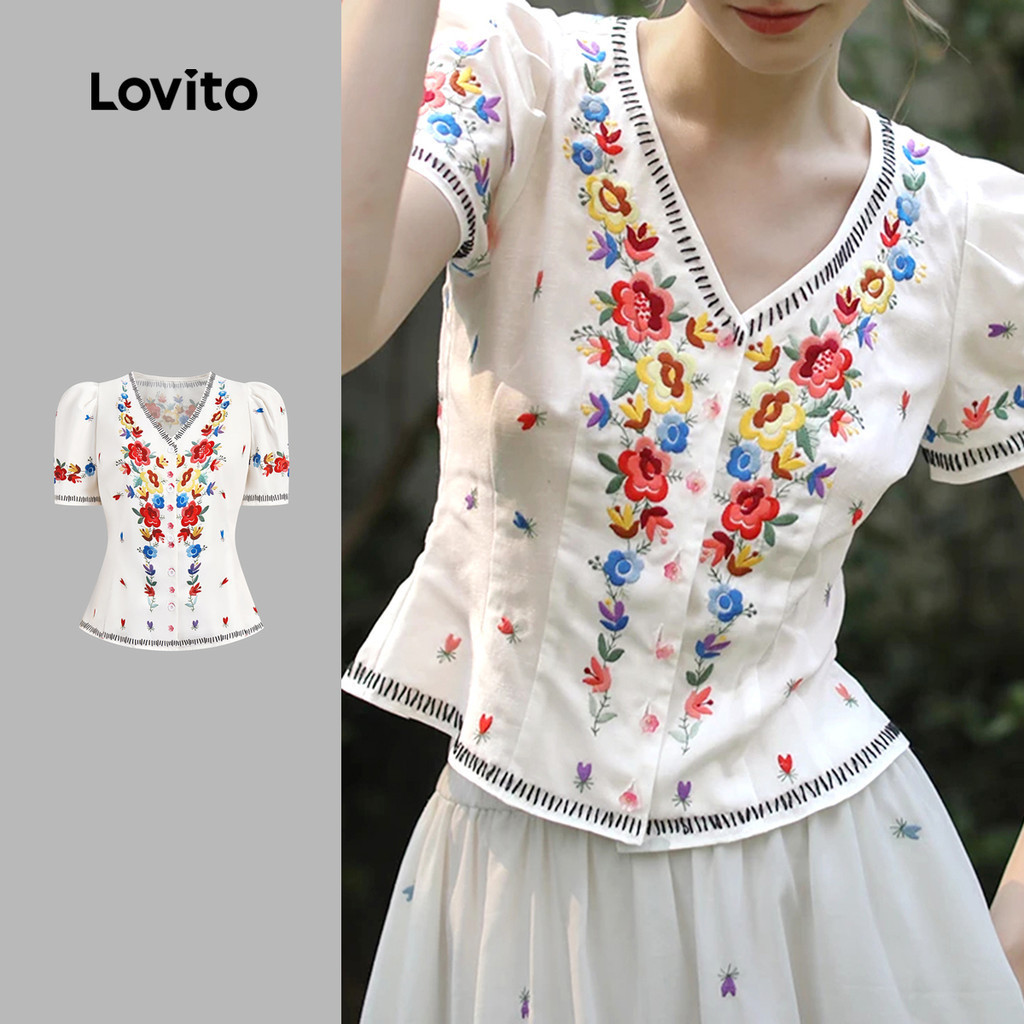 Lovito ເສື້ອຜູ້ຍິງ Boho ປຸ່ມດອກໄມ້ ແຂນສັ້ນ ລາຍດອກໄມ້ຫຼາຍສີ LBL25305