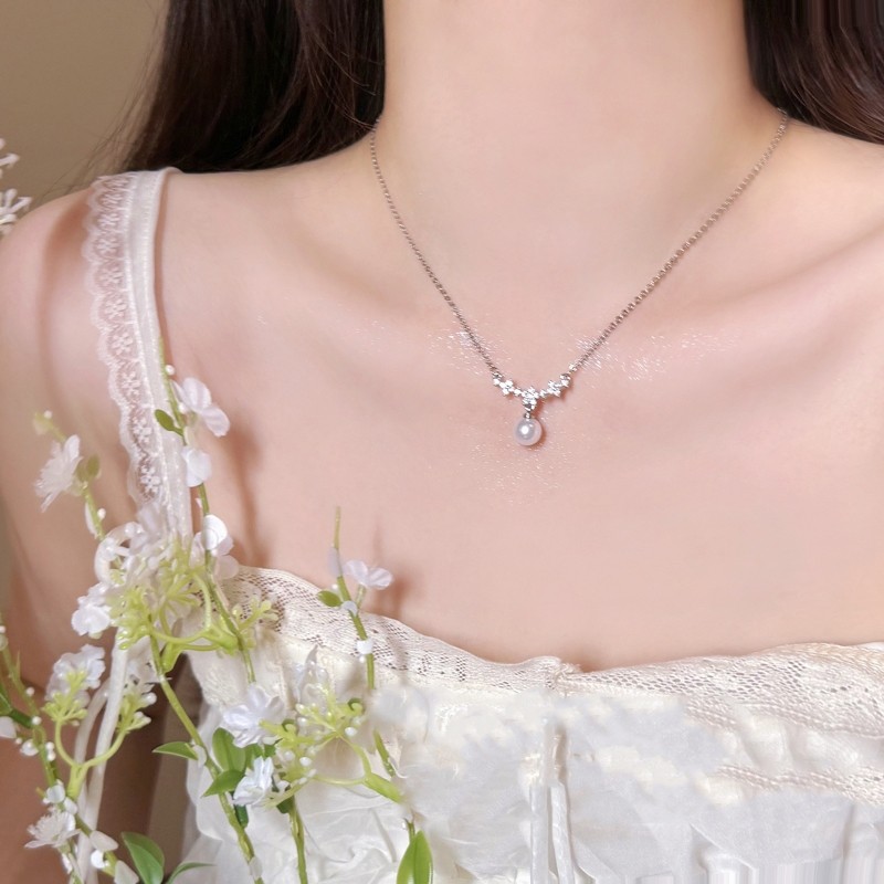 สร้อยคอมุกแบบเพทาย สไตล์เกาหลี สำหรับผู้หญิง สีเงิน พร้อมเป็นของขวัญวันเกิด X015