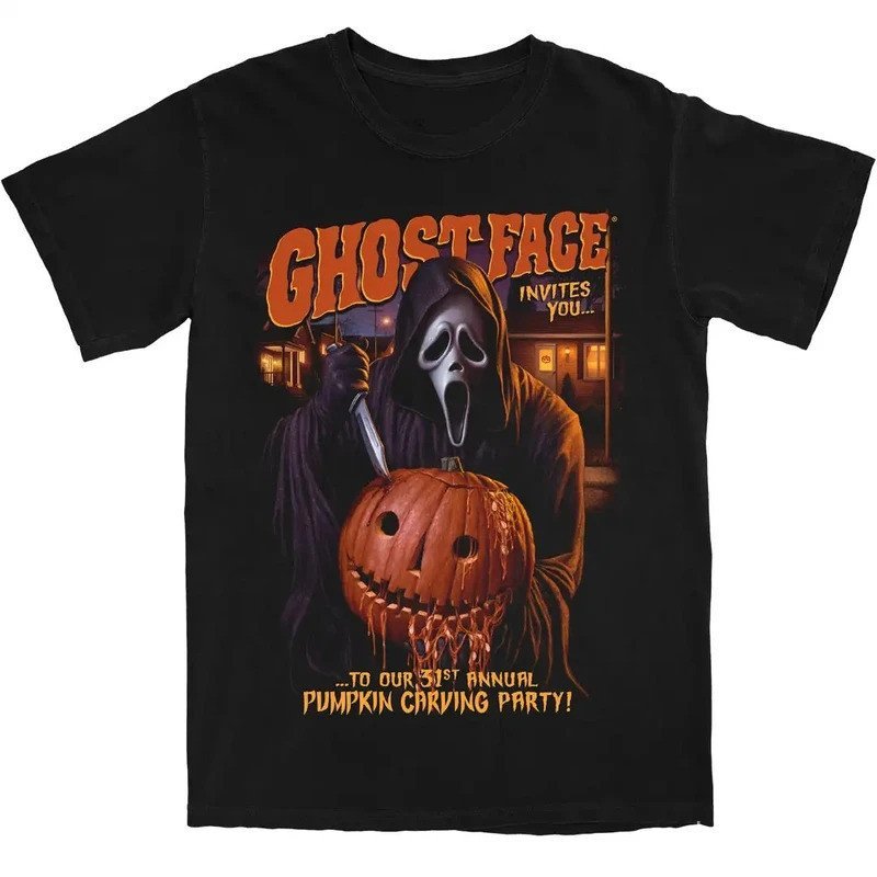 GHOST FACE AT THE MOVIES เสื้อยืดแขนสั้น Y2K กราฟิกลำลองสำหรับทั้งผู้ชายและผู้หญิง ทำจากผ้าฝ้าย ไซส์