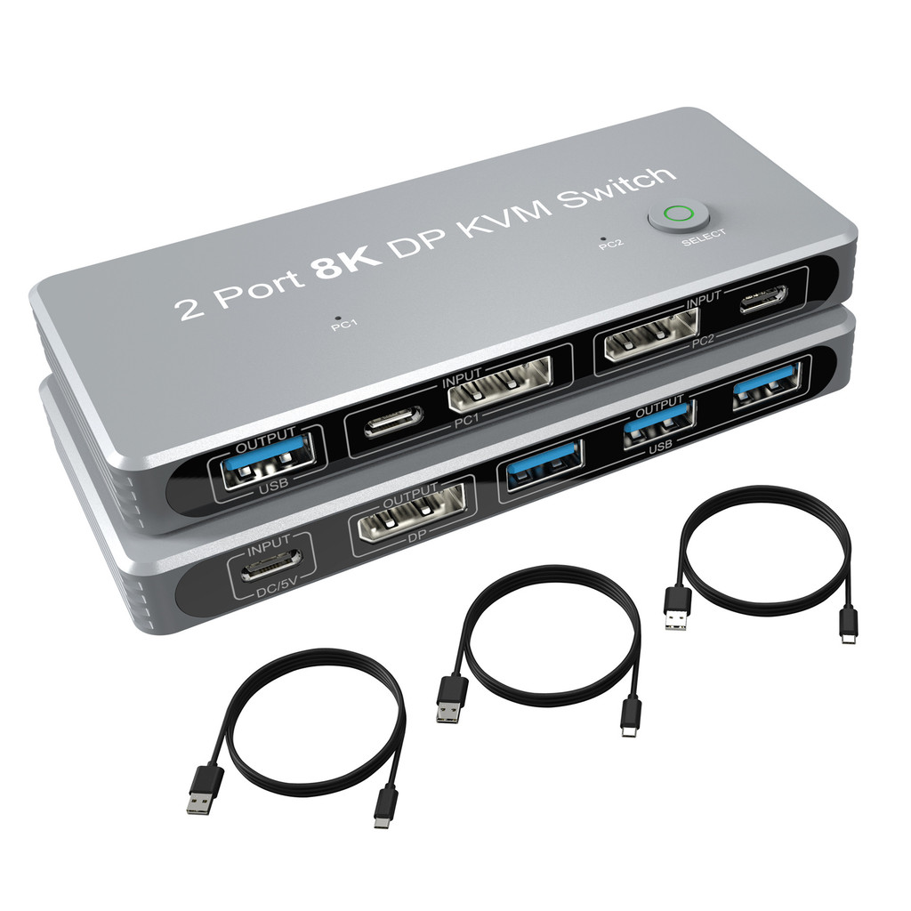 DP 1.4 KVM Switch 2 in 1 out, DisplayPort USB 3.0 Type-C KVM Switcher รองรับ 8K/30Hz 4K/144Hz สําหรั