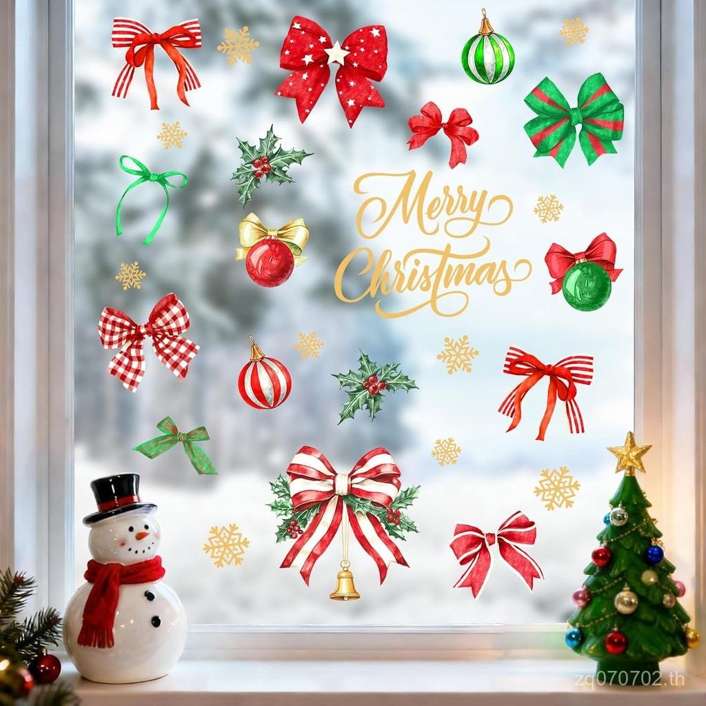 Mfault Merry Christmas Bow Window Clings, Xmas Coquette Ribbon Balls Gold Snowflake Preppy Stickers 