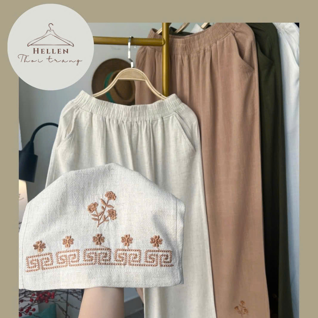 BAMBO ผู้หญิง LINEN กางเกงออกแบบด้วยผ้า EMBROIDERED HYBRID PATTERNS WIDE STRAIGHT FORM สําหรับ MIDDL