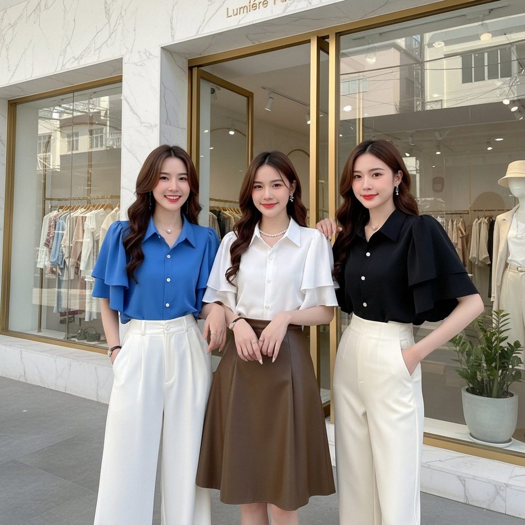 เสื้อเชิ้ตสีพื้นดีไซน์แขนเก๋ แขนเสื้อระบายเลเยอร์ดูแพงสไตล์คุณหนูออฟฟิศ