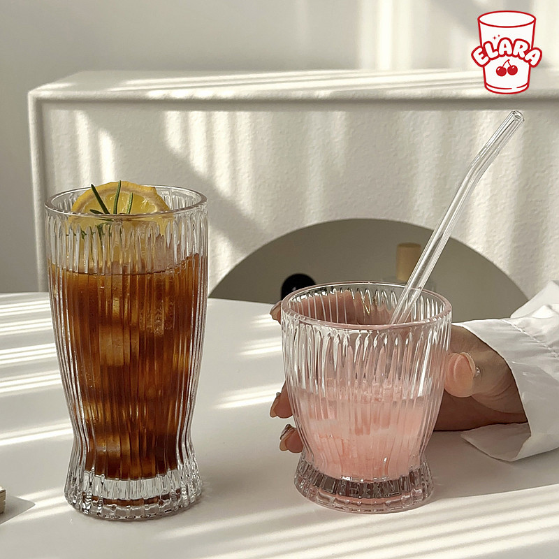 แก้วน้ำแก้วลายริ้วสไตล์วินเทจ | แก้วใสใส่กาแฟ ชา น้ำผลไม้ | แก้วทรงสูง/เตี้ย 280ml 360ml | แก้วคาเฟ่