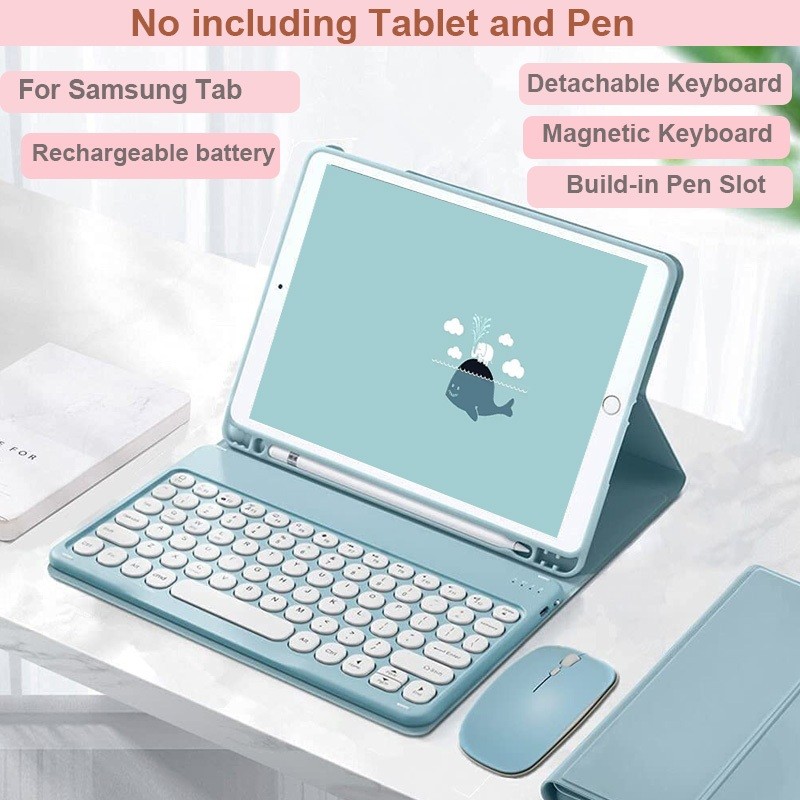 เคสพร้อมคีย์บอร์ดสําหรับ Samsung Galaxy Tab A9+ Plus / S6 Lite / S10 FE / S9 FE พร้อมเมาส์บลูทูธคีย์