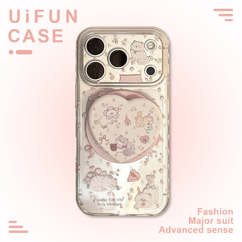 น่ารัก Bowknot ดอกไม้ Cat Love Heart ผู้ถือขาตั้งโทรศัพท์มือถือสําหรับ iPhone 17 16 15 14 13 12 Pro Max TPU โปร่งใสปกหลังกันกระแทกแม่เหล็กโทรศัพท์มือถือ Shell