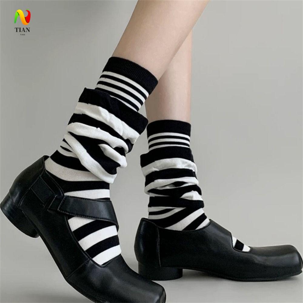 INQUIRY IMPACT 4 คู่ Ruffle Stripe Stocking, ปลอมสองชิ้นหลวมลายถุงเท้ากอง, Heap ถุงเท้า Warm Patchwo