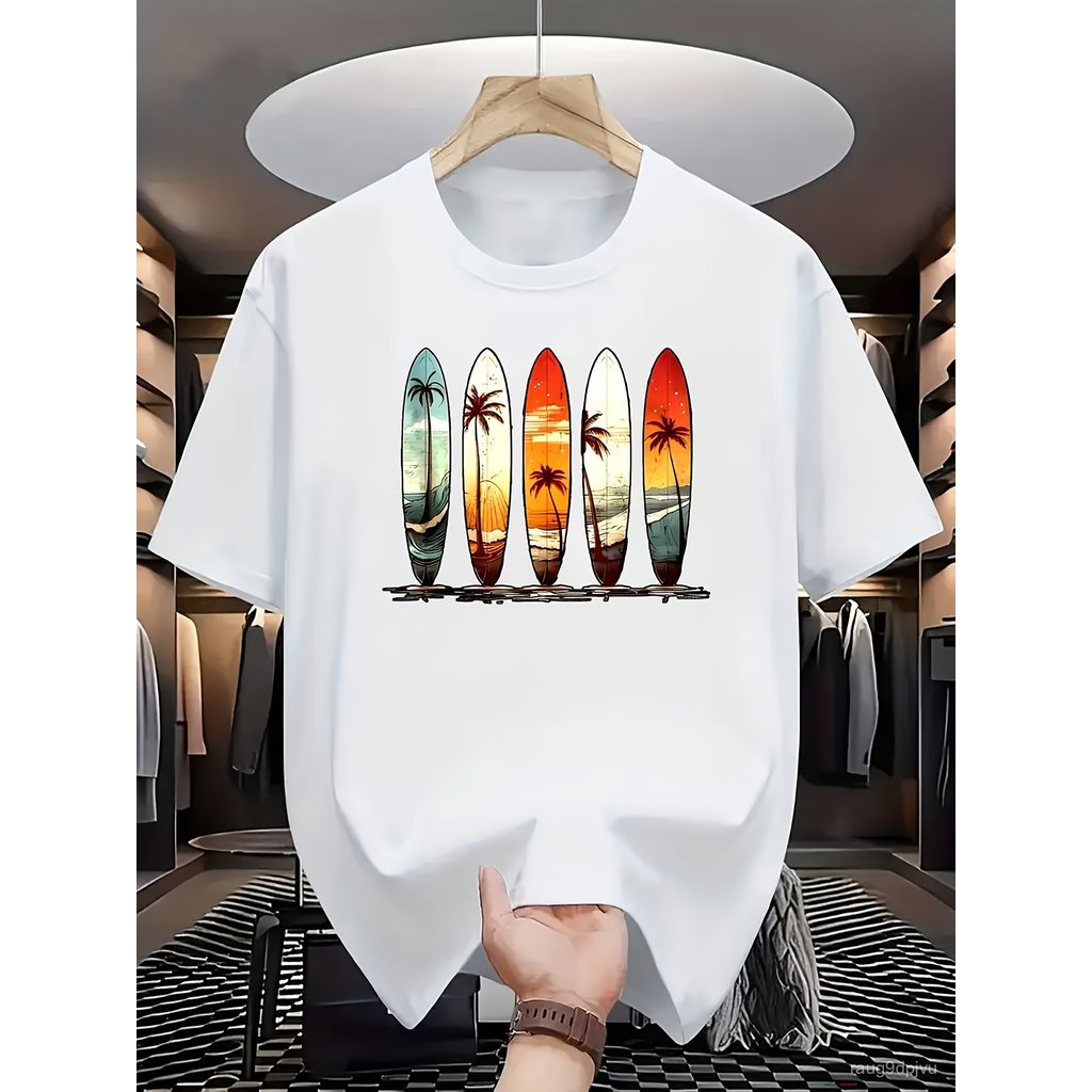เสื้อยืดเซิร์ฟสไตล์เรโทรพร้อมลายกระดานเซิร์ฟ 5 แผงแนวตั้ง & ฉากชายหาดเขตร้อน - ลายต้นปาล์มฮาวายยามพระอาทิตย์ตก, เสื้อแขน