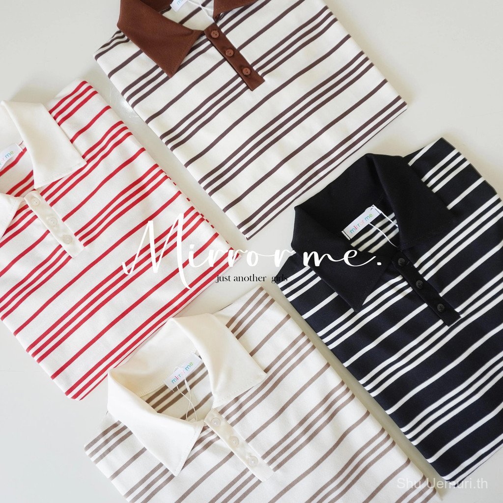 mirrorme เสื้อโปโลริ้ว Oversize แขนสั้น กระดุมหน้า ทรงสวย ผ้านิ่ม ใส่สบาย