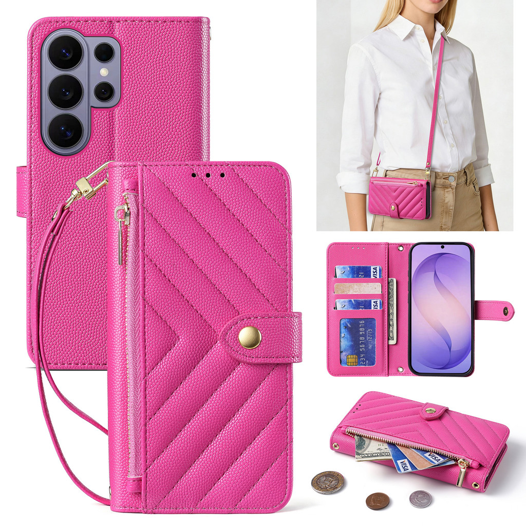 ยาวสั้นสายซิปช่องใส่การ์ดพลิกกระเป๋าสตางค์ลิ้นจี่หนังสําหรับ Samsung Galaxy S26 S25 S24 S23 Ultra Plus FE Edge