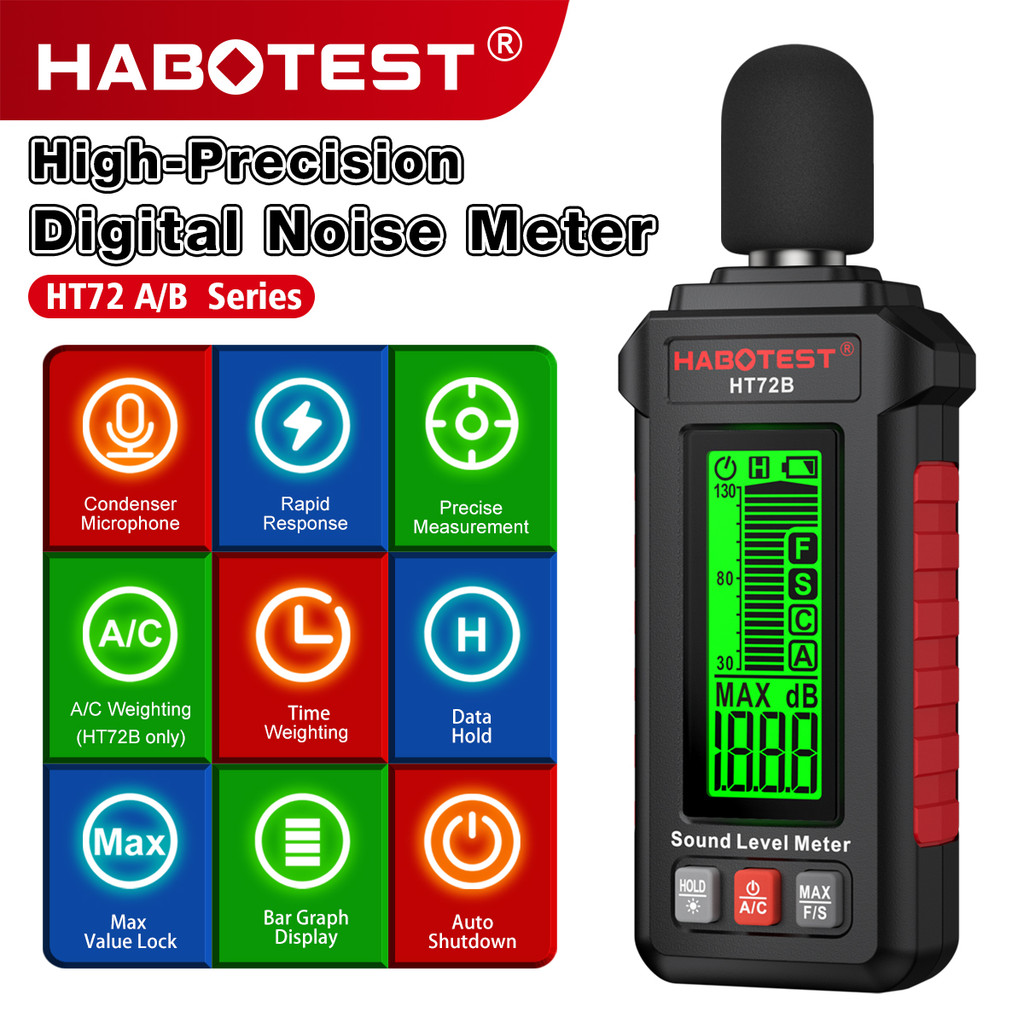 HABOTEST HT72A/B เครื่องวัดระดับเสียงดิจิตอล Decibel Tester 30-130dBA เครื่องวัดเสียงรบกวนเครื่องวัดระดับเสียงรบกวน