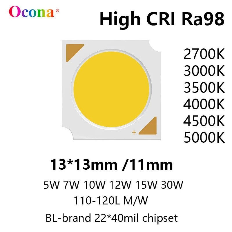 สูง CRI Ra98 COB ชิป LED Array 020 SDCM3 13*13 มม.3W 5W 10W 15W 18W 30W Warm White ชิปโคมไฟ SpotLigh