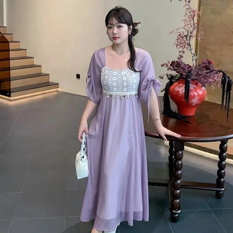 ชุดฮันฟูสีม่วงปักลายคอสี่เหลี่ยมขนาดยาว สไตล์จีนเรียบหรู FS808