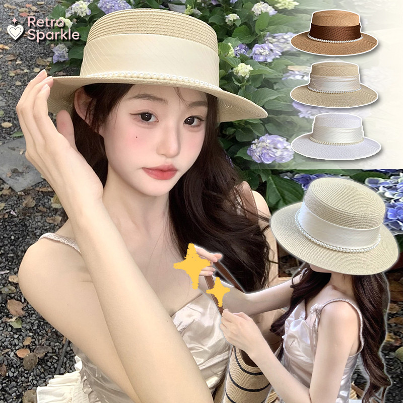 🍒Retro Sparkle🍒เครื่องประดับไข่มุก ทรงแบน หมวกชายหาด คุณภาพสูง สไตล์มินิมอล สไตล์ฝรั่งเศส หมวกฟาง ราคาถูกที่สุด
