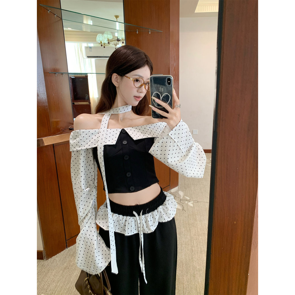 Selvze เสื้อ เกาะอก กางเกงสีดํา ชุด ชุดผู้หญิง ชุดไปคาเฟ่ กางเกงขายาว เสื้อแขนยาว ไปทะเล KU-DBGL0070A