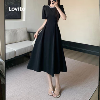 Lovito สง่างาม ชุดเดรส ประดับไข่มุก ชุดเดรสสีดำสำหรับผู้หญิงสุดนุ่มนวลและสบายในฤดูใบไม้ผลิ/ฤดูร้อน L137ED163