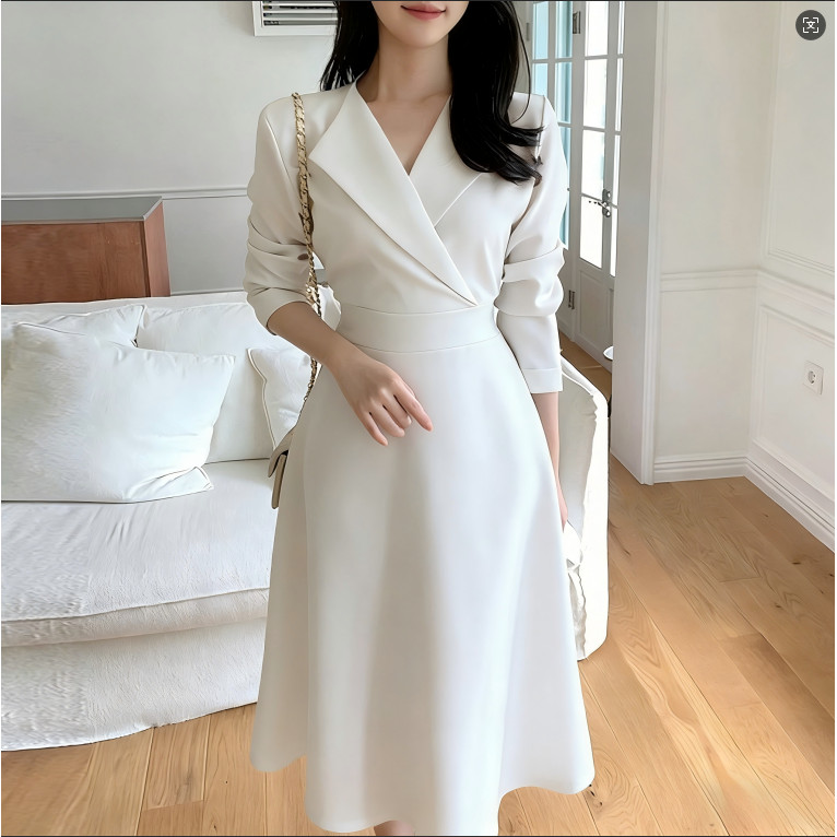 white long sleeve dress เดรสขาว เดรสเบลเซอร์ ออกงาน ผู้หญิง สาวอวบ สบายๆ คุณหนู สุภาพ เกาหลี new 2026