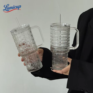 แก้วน้ำแก้วใสสไตล์วินเทจ 720ml มีหูจับ พร้อมฝา+หลอด แก้วกาแฟ/ชานม/น้ำผลไม้ ขนาดใหญ่ ทนร้อน-เย็น