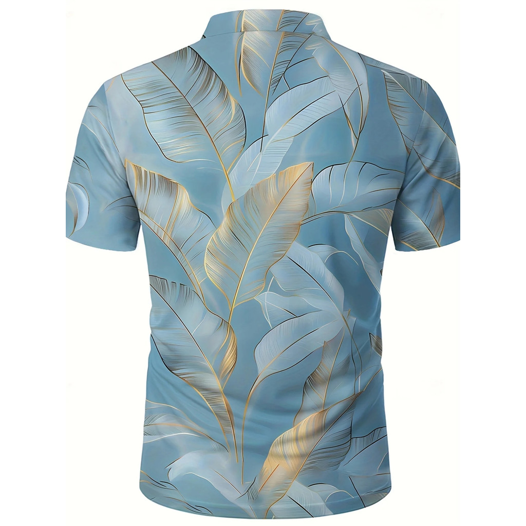 เสื้อเชิ้ตลําลองผู้ชายใหม่-Tropical LeafPrinted แขนสั้น,เสื้อฤดูร้อนระบายอากาศ,คอหัวเข็มขัด,ซักเครื่