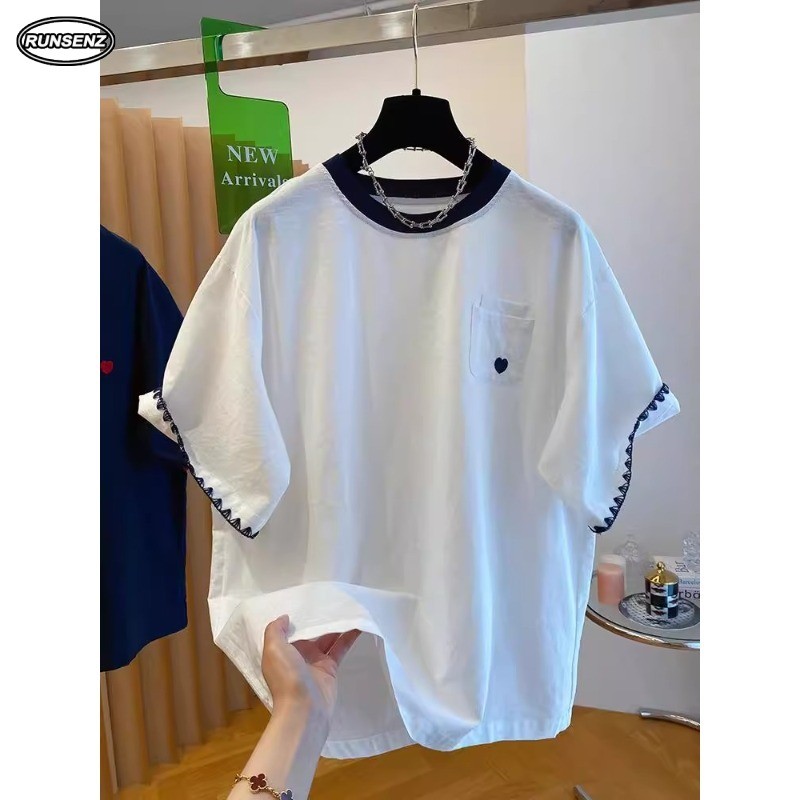 ผู้หญิง M-4XL ตัว TOP แบบคลาสสิค ทำจากผ้าฝ้าย มีรายละเอียดคอนทราสต์คอและลูกไม้ที่ขอบแขน