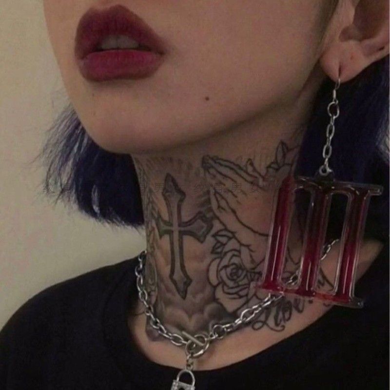 Popular~Herbal juice dark neck rose flower English cursive palm dark style unisex tattoo sticker3z