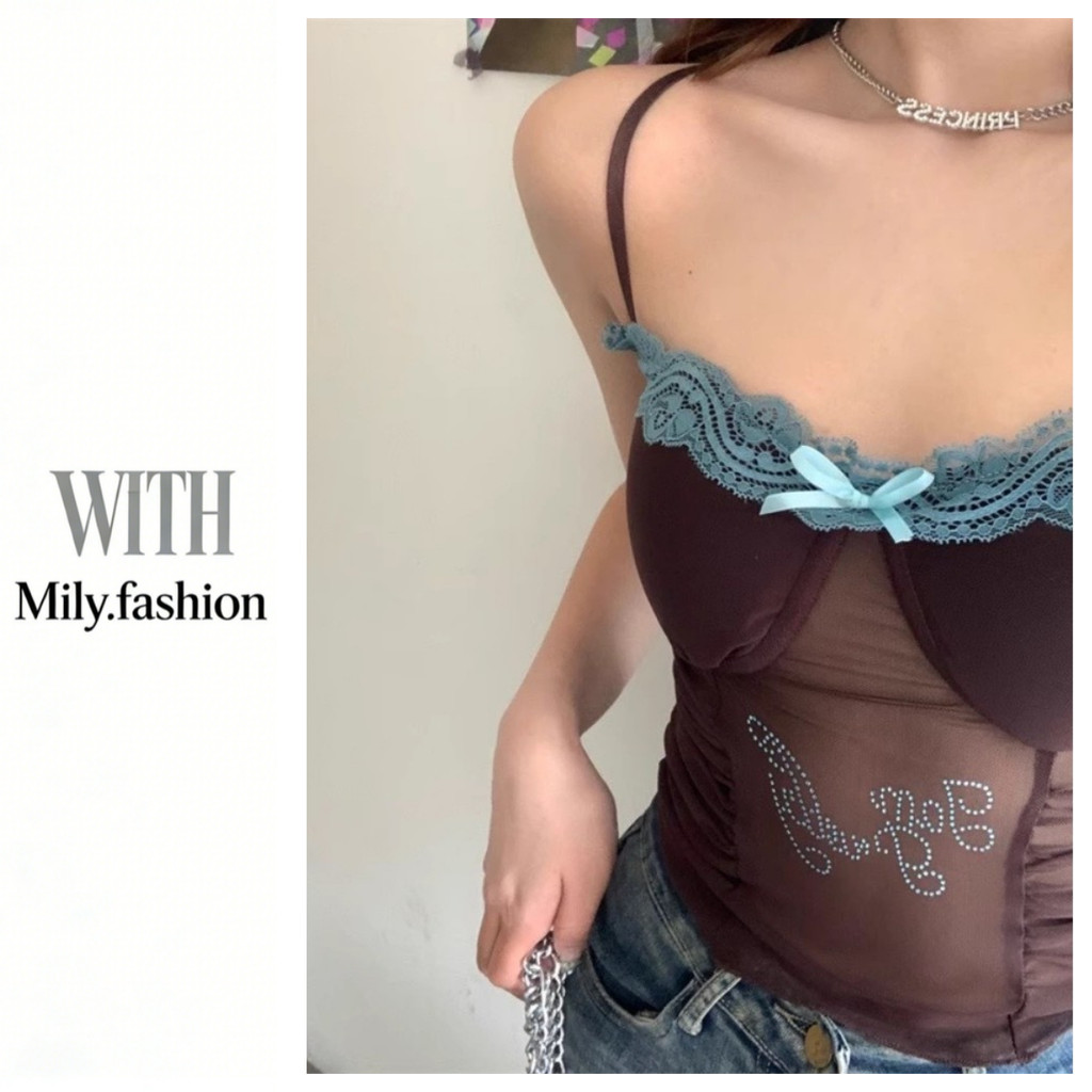 Milyfashion Lace Stitching Hot Diamond Gauze Sling เซ็กซี่สั้นด้านบน Y2K