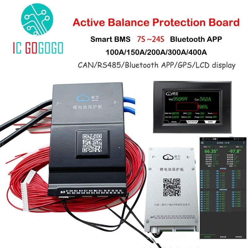 Jikong บอร์ดป้องกันแบตเตอรี่ BMS 7S ~ 24S 100A 300A CAN RS485 APP LCD Lifepo4 li-ion LTO 48V 8S 16S 