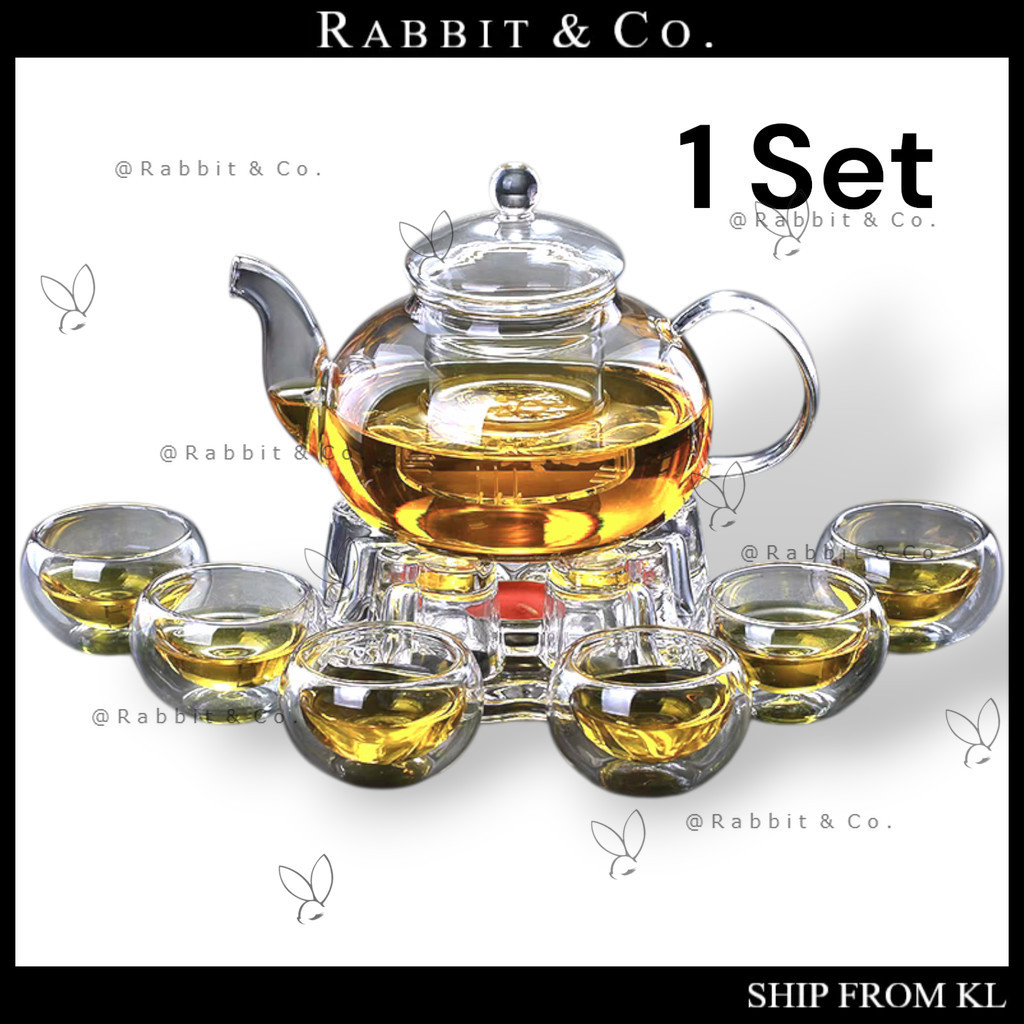R&C 800ml ชุด Teh Kaca Cawan & Tapak Borosilicate ชุดกาน้ําชาแก้ว 800ml พร้อมถ้วยและอุ่น 6 ถ้วย