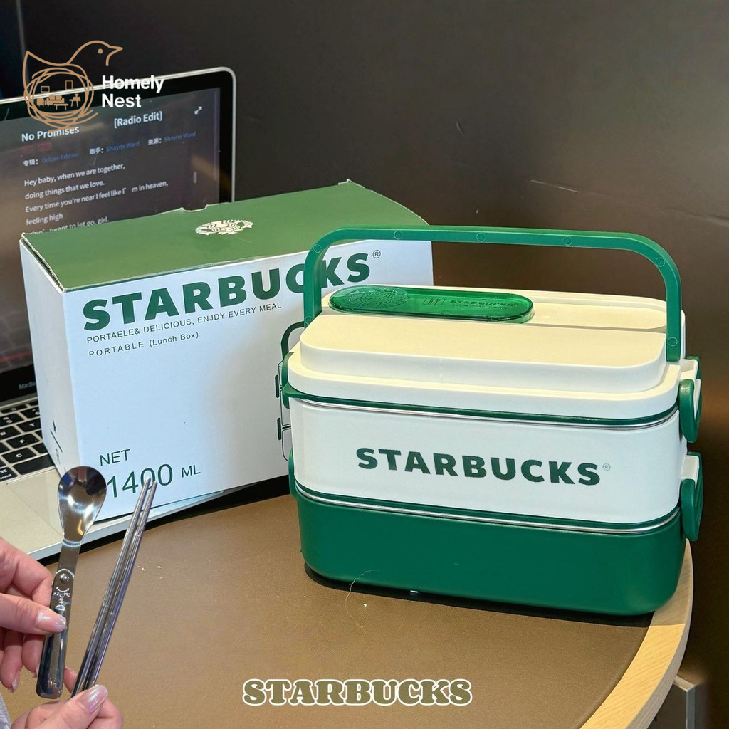 กล่องข้าวสตาร์บัคส์พร้อมตะเกียบและช้อน ภาชนะหุ้มฉนวนสองชั้น 1400 มล. แบบพกพาสีเขียวสีขาวออกแบบไมโครเวฟรั่วซึมปลอดภัยสําหรับสํานักงานโรงเรีย