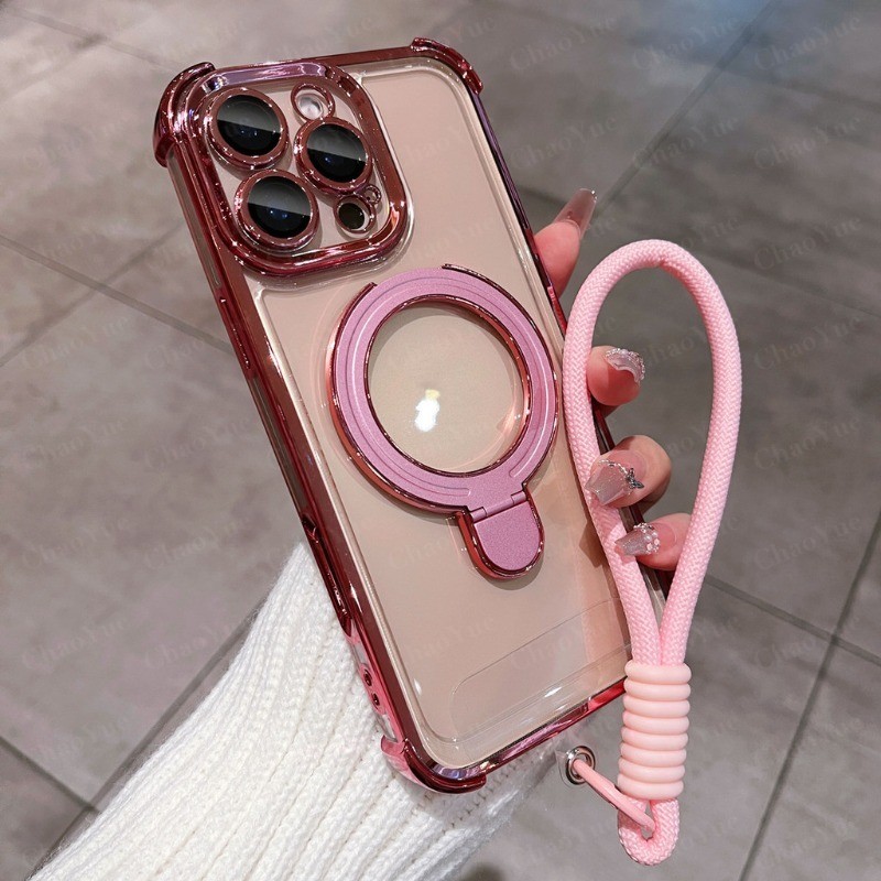 【พร้อมสายคล้อง】แท่นชาร์จไร้สายแม่เหล็กใสอะคริลิกชั้นหรู พร้อมที่ป้องกันเลนส์กล้อง เคสโทรศัพท์เข้ากับ iPhone 11 12 13 14 15 16 17 Pro Max Plus Air เคสกันกระแทกใส แข็งแรง ป้องกันด้านหลัง พร้อมความสวยงาม